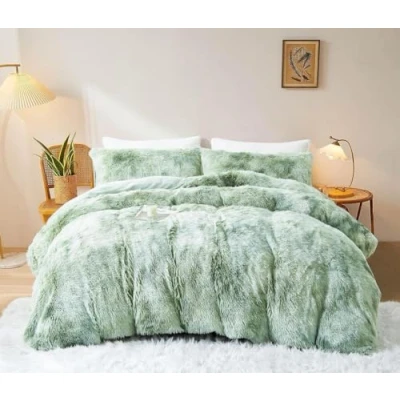 Afbeelding van Sacebeleu winterbeddengoed, 135 x 200 cm, pluche, langhaar, wollig, flanel, dekbedovertrek, groen wit, kleurverloop, warm dekbedovertrek en 1 kussensloop 80 cm met