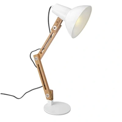 Afbeelding van Navaris bureaulamp Met houten standaard Design lamp Retro tafellamp In hoogte verstelbaar en kantelbaar E27 fitting de kleur wit