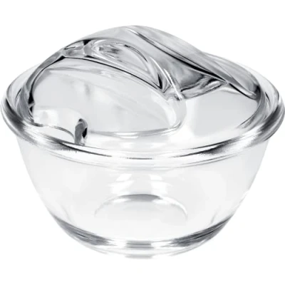 Afbeelding van KADAX Suikerpot, suikerschaal van glas, kruidenpotje met ergonomisch deksel, transparante glazen container voor suiker, kruidenpot versterkte bodem, suikerkom handvat (12 cm, rond)