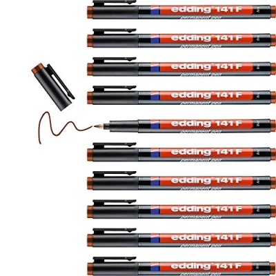 Afbeelding van edding 141 F permanente pen 10 stiften bruin ronde punt 0,6 mm voor schrijven op glas, plastic, folies en gladde oppervlakken permanent, sneldrogend, veegvast watervast
