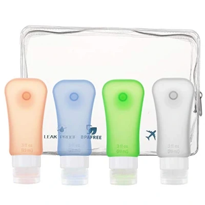 Afbeelding van MoKo Travel Bottles 4 Pack, Leak Proof BPA Free &amp; FDA Approved Refillable Cosmetic Toiletry Containers, Silicone Set with Suction Cup for Shampoo Lotion Conditioner More, 3.1 oz(89ml)