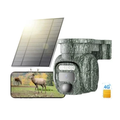 Afbeelding van KKB Jachtcamera 4G, fotoval met externe simkaart IP66, waterdicht, 2K PTZ camera SIM en zonnepaneel, nachtzicht in kleur, PIR detectie, bidirectionele audio