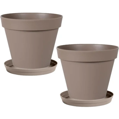 Afbeelding van Set van 2x stuks bloempotten Toscane kunststof taupe D20 x H17 cm inclusief onderschalen D15 Plantenpotten
