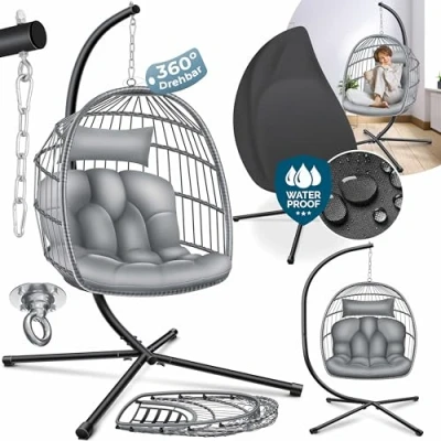 Afbeelding van KESSER® Hangstoel Jungle met standaard voor binnen en buiten inclusief groote kussen &amp; Plafondbeugel stalen frame hangschommel kinderen volwassenen tot 150kg, Grijs