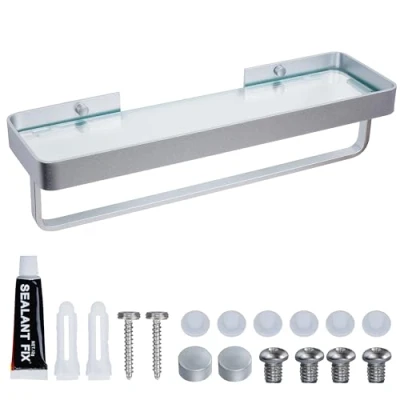 Afbeelding van Belle Vous Floating Glass Bathroom Shelf with Towel Holder W39.8 x D9.8cm/15.67 3.86 Inches Wall Mounted Storage Organiser Rack for Shower, Bedroom, or Living Room Steel Frame