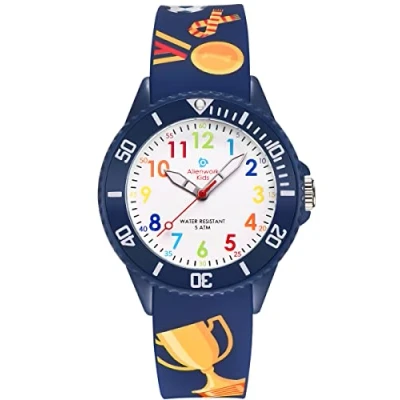 Afbeelding van Alienwork Voetbal Jongens Kinderhorloge Leren Klokkijken Meisjes Marineblauw Siliconen Armband Veelkleurig Kinder Horloge Waterdicht 5 ATM Leertijd