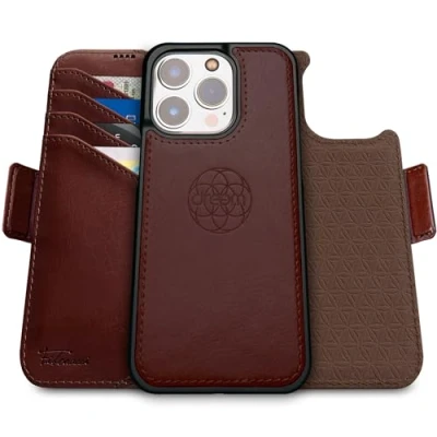 Afbeelding van Dreem Fibonacci compatibel met iPhone 16 Pro Max portemonnee case / 2 in 1 schokbestendig hoesje en afneembare veganistisch lederen folio, MagSafe, RFID bescherming [Koffie]