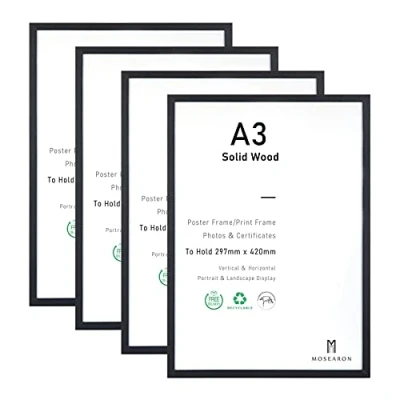 Afbeelding van Certificaat fotolijst, zwarte houten A3 posterlijst met plexi glass voor muurbevestiging, set van 4 stuks, 29,7 x 42 cm