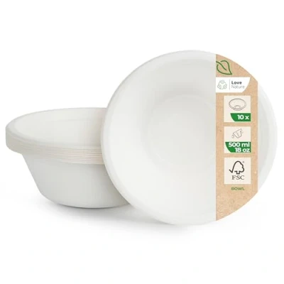 Afbeelding van Love Nature Wegwerpschalen van suikerriet, 500 ml, 10 stuks, milieuvriendelijke wegwerpschalen, wegwerpservies