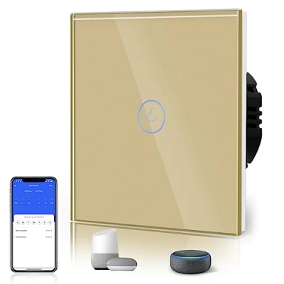Afbeelding van BSEED Smart WiFi aanraaksensorschakelaar (neutrale lijn nodig) Alexa en Google Home Werken met Tuya voor kantoordecoratie Kristalglaspaneel Wandlichtschakelaars 1 compartiment Wag Gold