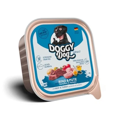 Afbeelding van DOGGY Dog Paté rund &amp; kalkoen, 10 x 150 g, natvoer voor honden, graanvrij hondenvoer met zalmolie en groenlipmossel, compleet voer aardappelen tomaat, Made in Germany