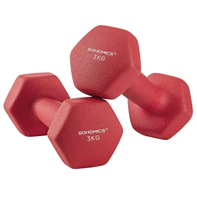 Afbeelding van SONGMICS Halterset, 2 x 3 kg, met matte neopreen coating, antislip, krachttraining, thuis, rood SYL66RD
