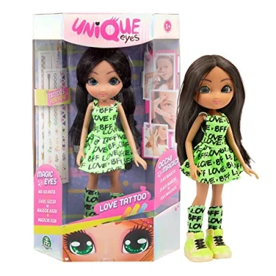 Afbeelding van Unique Eyes Love Tatoo Victoria draagt modieuze kleding en meegeleverde gekleurde tatoeages voor meisjes Trendy, kinderen vanaf 3 jaar, Mym32200, Giochi Preziosi