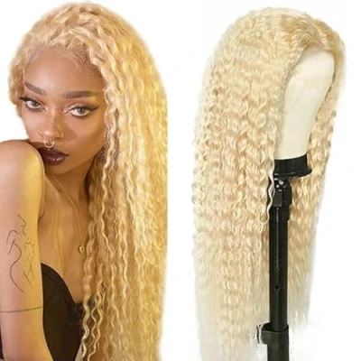 Afbeelding van Tuheerst Blonde Human Hair Wig Curly Wave 4X4#613 Swiss Lace 100% Unprocessed Brazilian Remy Pre Plucked Natural Hairline with Baby No Smell For Woman 24 Inches