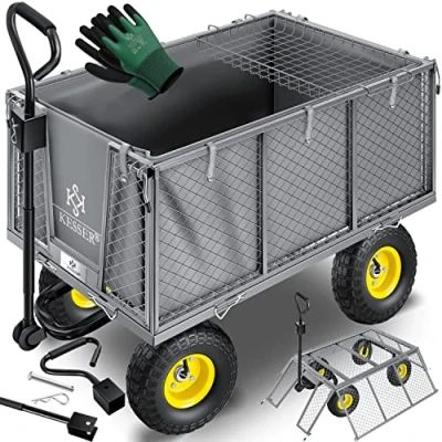 Afbeelding van KESSER® Bolderkar, 550 kg belastbaar, tuinwagen, transportwagen, uitneembaar zeil, gereedschapswagen, handwagen, veelzijdig inzetbaar, incl. handschoenen, grijs