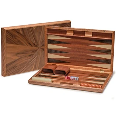 Afbeelding van Yellow Mountain Imports Houten Inleg Backgammon Set Cascadia met Acryl Speelstukken &amp; Dobbelbekers, 44 cm Bord