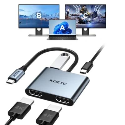 Afbeelding van USB C naar Dual HDMI adapter, KOZYC Hub Multiport Adapter met 2 4K, 3.0, 100W PD