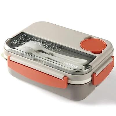 Afbeelding van JIUFOXINO Lunchbox, Bento lunchbox van 1300 ml voor volwassenen en kinderen, lunchcontainer met 4 vakken, in 1 maaltijdbereidingscontainer vork lepel, magnetronbestendig beschikbaar. (beige)