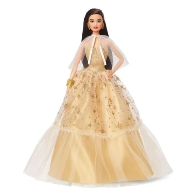 Afbeelding van ​Feestelijke Barbie Pop 2023, seizoensgebonden cadeau voor verzamelaars, Signature, goudkleurige outfit en prachtige vensterverpakking, zwart haar HJX07