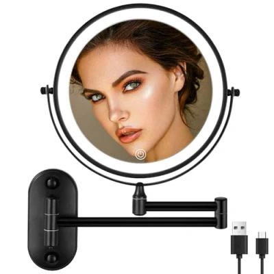 Afbeelding van jutyum make upspiegel, wandmontage, upspiegel met 1X/10X vergroting, ledverlichting, verlichting, dimbare 3 kleuren, zwart