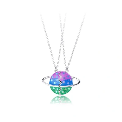 Afbeelding van Bixorp Friends Vriendschapsketting voor 2 met Planeet Zilverkleurig Magneet &amp; Glitters BFF Cadeau