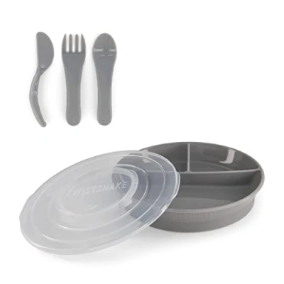 Afbeelding van Twistshake Baby Servies Set Bordje + Bestek 6m+ BPA Vrij Voedings Training Voor Kinderen Grijs