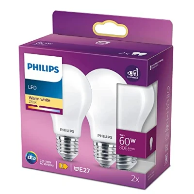 Afbeelding van Philips LED Lamp Mat 60 W E27 warmwit licht 2 stuks