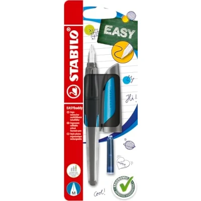 Afbeelding van Schoolvulpen met standaardpunt M STABILO EASYbuddy in zwart/lichtblauw schrijfkleur blauw (uitwisbaar) los exemplaar inclusief inktpatroon