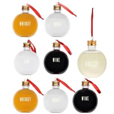 Afbeelding van THE TWIDDLERS 8 Kerstballen om te Vullen met Dranken (Gin wodka whisky wijn) en Snoep Etiketten (10 x cm, 250 ml) Hangende Kerstboomversiering