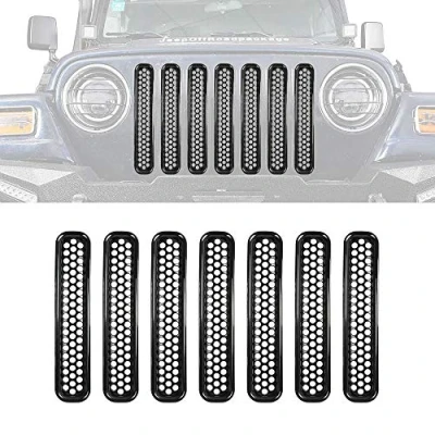 Afbeelding van HDmirrorR 1997 2006 Wrangler TJ 7Pcs Matte Black Mesh Grill Inserts Grille Guard