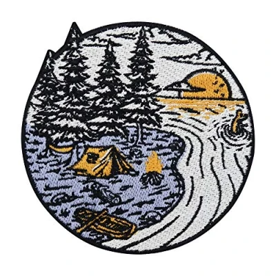 Afbeelding van Finally Home Camping aan meer, zonsondergang patch om op te strijken, bospatches, boompatches, strijkpatches, patches