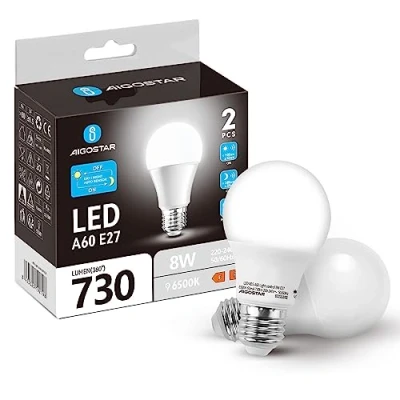 Afbeelding van Aigostar E27 LED lamp met schemeringssensor, 8W vervangt 55W, bereik, tijd en schemerdrempel instelbaar, koudwit (6500K), verpakking van 2 stuks.
