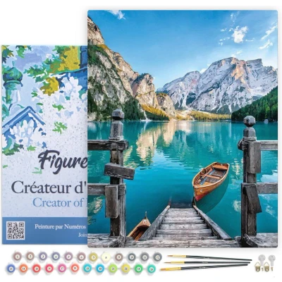 Afbeelding van Figured&#039;Art Schilderen op Nummer Volwassenen met lijst Boot het bergmeer Handwerk acrylverf Kit DIY Compleet 40x50cm Canvas al ingelijst