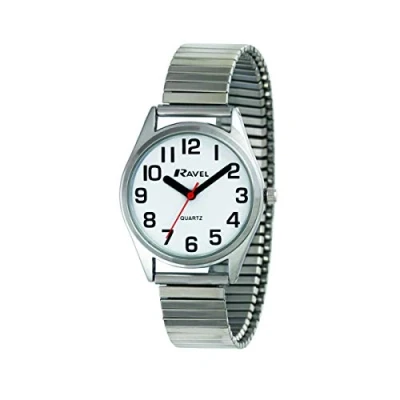 Afbeelding van Ravel heren super gewaagd zicht hulp roestvrij staal expander armband horloge met grote getallen en handen (36mm) zilver tint/witte wijzerplaat