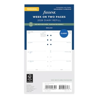 Afbeelding van Filofax Personal Week op twee pagina&#039;s Engels gerecycled papier 2026 dagboek 26 68421R