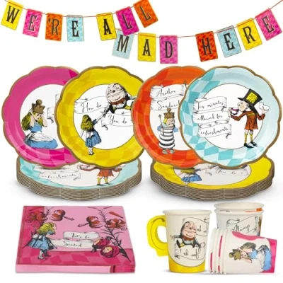 Afbeelding van Talking Tables Alice in Wonderland Feestdecoratie en servies voor 16 gasten, Mad Hatter, dubbelzijdige wimpels, papieren borden, servetten, kopjes, tafelkleed verjaardag, theekransje, babyshower,