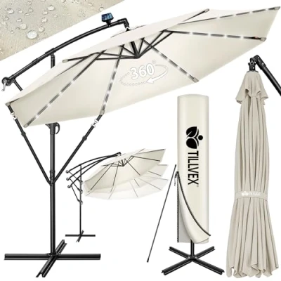 Afbeelding van TILLVEX Aluminium zweefparasol, met slinger, afdekking, leds op zonne energie, Ø 350 cm, aan /uitschakelaar, standaard, windbescherming, uv bescherming, zwengelparasol, marktparasol, waterdicht