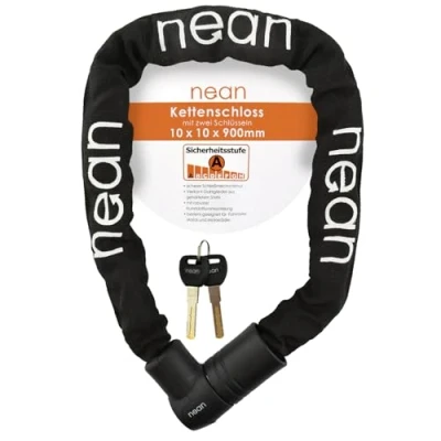 Afbeelding van nean Massief fietsslot, e bike kettingslot, motorslot, 2 veiligheidssleutels, hoge veiligheid en robuuste stoffen mantel, geharde vierkante stalen kettingschakels, 10 x 900 mm, zwart
