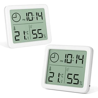 Afbeelding van Gvolatee 2 stuks digitale mini thermometer, professionele draagbare hygrometer met klok, nauwkeurige witte kamerthermometer, kamerthermometer voor thuis, babykamer, kantoor, broeikas