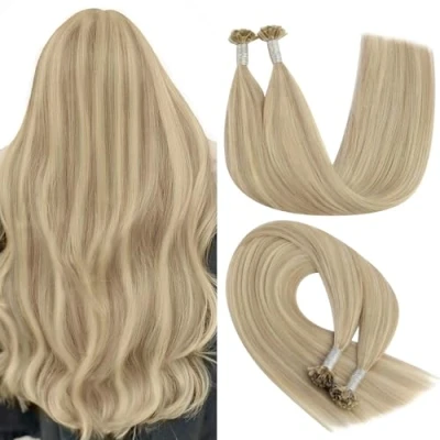Afbeelding van YoungSee bonding Extensions van echt haar, blond, 45 cm, haarverlenging, bondings, asblond, highlights, platinablond, Remy, U tip, extensions, 50 g, keratine,