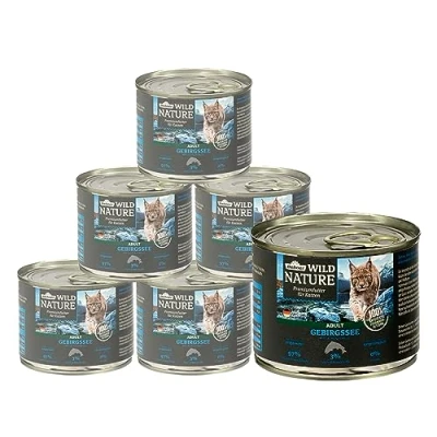 Afbeelding van Dehner Wild Nature Kattenvoer, bergmeer, natvoer, graanvrij, voor volwassen katten, zalm/forel, 6 x 200 g blik (1,2 kg)