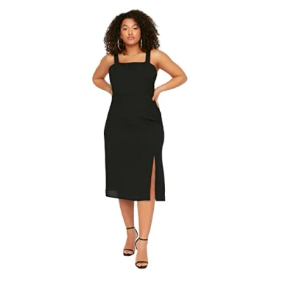 Afbeelding van Trendyol Zwarte Vierkante Hals Dikke Band Zomer Geweven Split Midi/Medium Lengte Jurk Tbbss22Ah0202