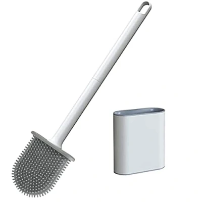 Afbeelding van Toiletborstel, badkamer siliconen toiletborstel met houder aan de muur gemonteerd, antislip lang handvat, drogen, professionele dieptereiniging toiletborstels voor (wit)