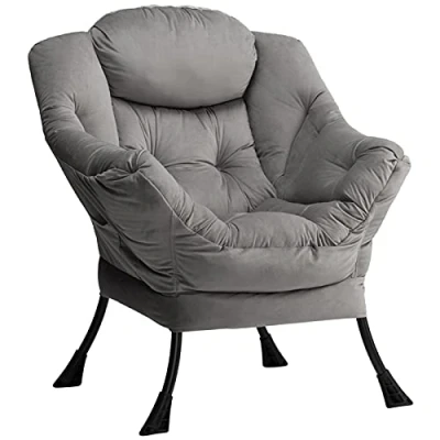 Afbeelding van HollyHOME Luie stoel lounge met armleuningen en zijvak relax fauteuil moderne fluwelen stof stalen frame, Donkergrijs
