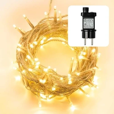 Afbeelding van hellum led lichtsnoer voor buiten, lichtketting met timer, warm wit, 160 leds, op stroom, kort transparante kabel, binnen en buiten