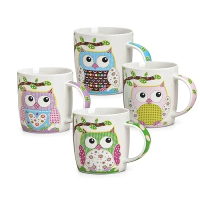 Afbeelding van Mokken set van 4 in blauw groen roze paars met uilen Moderne porseleinen koffiemok 300 ml voor cappuccino koffie thee buitengewone koffiekopjes vaatwasmachinebestendig en magnetronbestendig