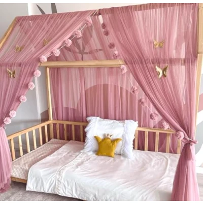 Afbeelding van Baby Fancyroom Huisbed, hemel, oudroze voor kinderbed, kinderkamer, baldakijn, bedgordijn, bedhemel meisjes, prinsessenkamer (hemeloudroze + 5 gouden vlinders, 340 cm)
