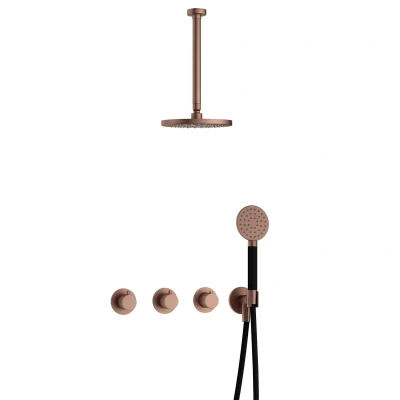 Afbeelding van Hotbath Cobber Regendoucheset IBS70 Geborsteld Koper PVD Ronde handdouche 20cm Hoofddouche 30cm Plafondbuis Handouche met wandhouder