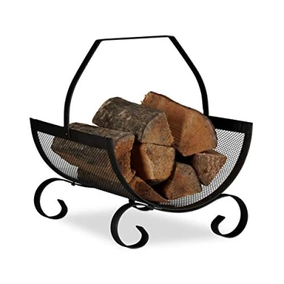 Afbeelding van Relaxdays houtmand zwart brandhout mand metaal haardhout opslag met greep rustiek +