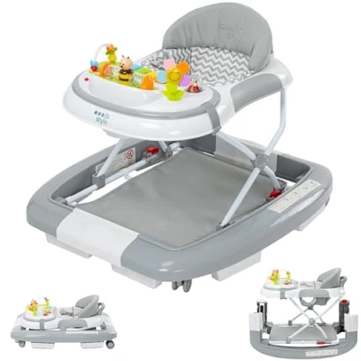 Afbeelding van ib style® Loopstoel Babywalker Baby Loopwagen Looptrainer Speelset en Dienblad Schommelfunctie Muziekfunctie Little Wave Grijs